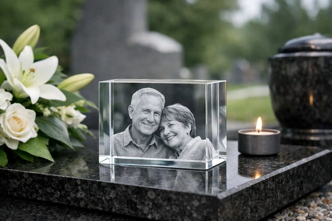 Gedenkteken met foto in glas kiezen
