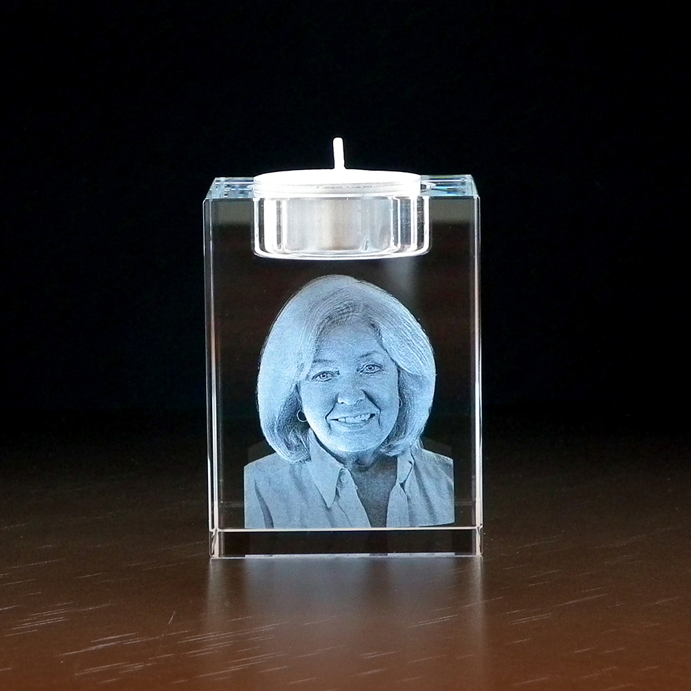 Betrokken Armstrong Verwaarlozing Glazen Blok met 3D Gelaserde Foto als Waxinelichthouder